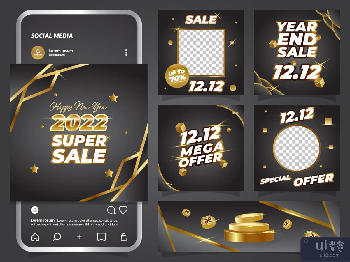 12.12 Shopping festival sale social media template with gold element