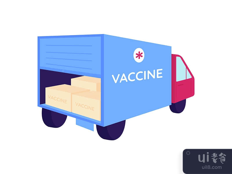 Vaccine packages in delivery truck flat color vector object
