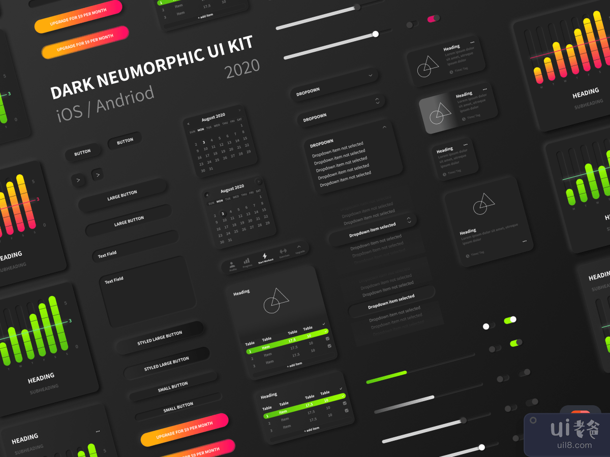 Dark Neumorphic UI Kit built for iOS and Android Mob Apps