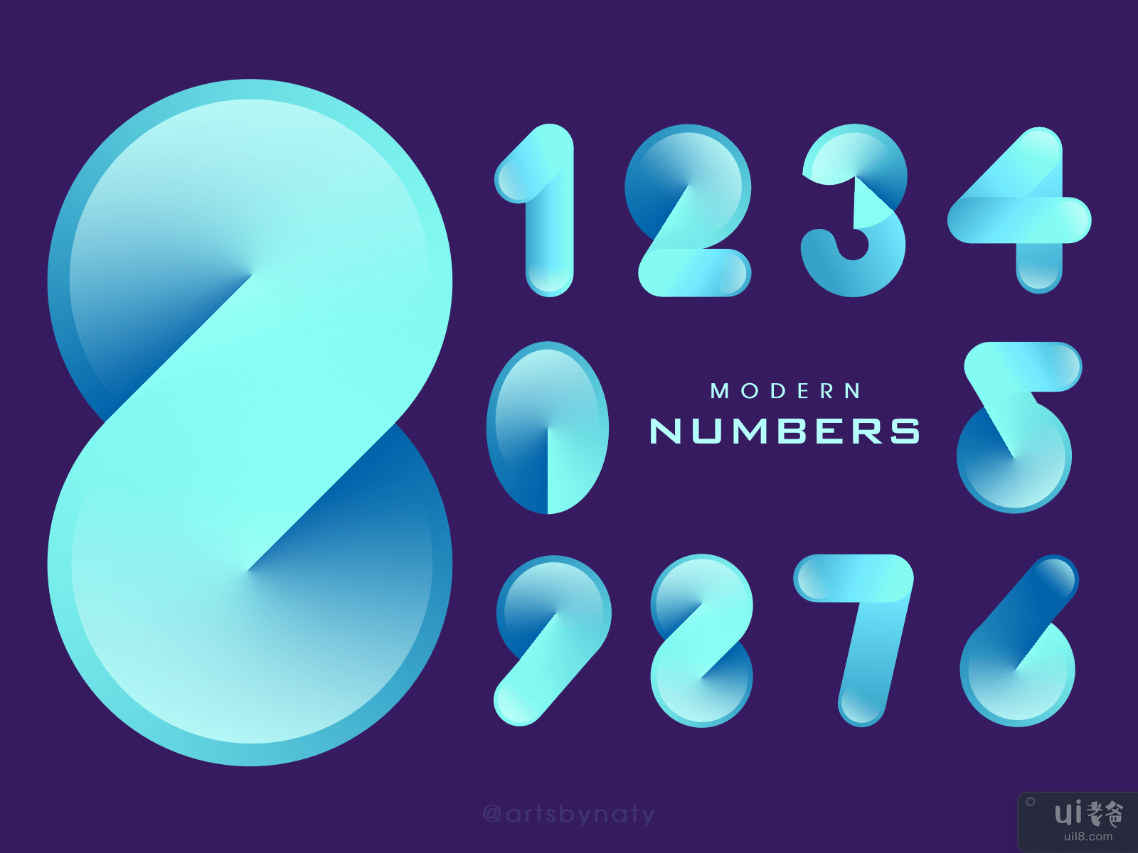 蓝色和水绿色渐变的现代数字。(Modern Numbers in blue and aqua-green gradient.)插图
