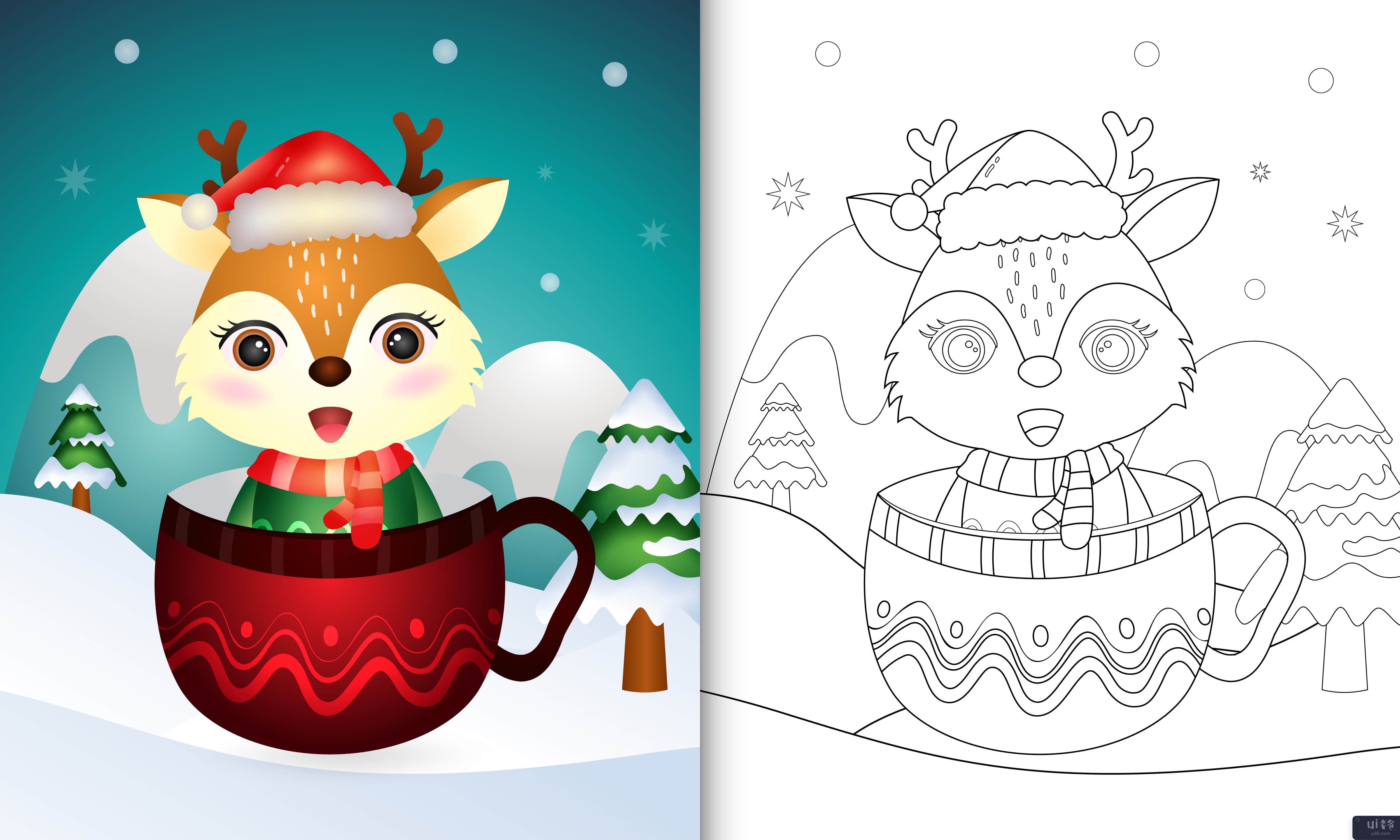 用可爱的鹿圣诞人物着色书(coloring book with a cute deer christmas characters)插图