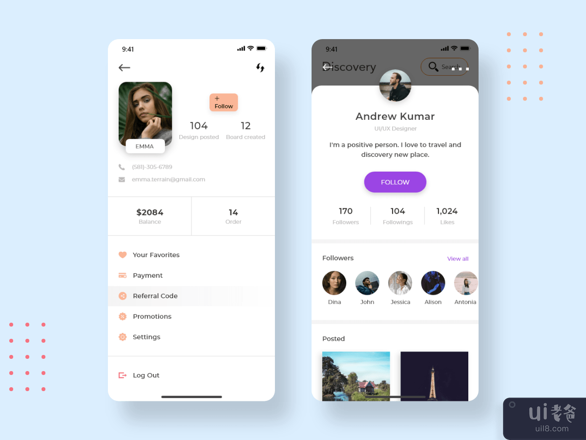 Different type of User Profile screen for Mobile app