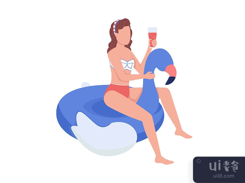 Woman with cocktail on inflatable flaming semi flat color vector character