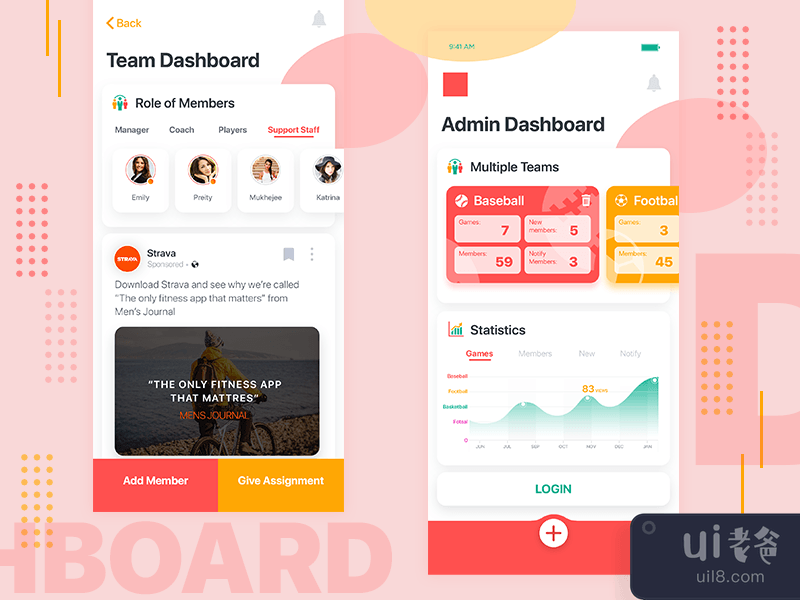 Team Dashboard Social Media App Design