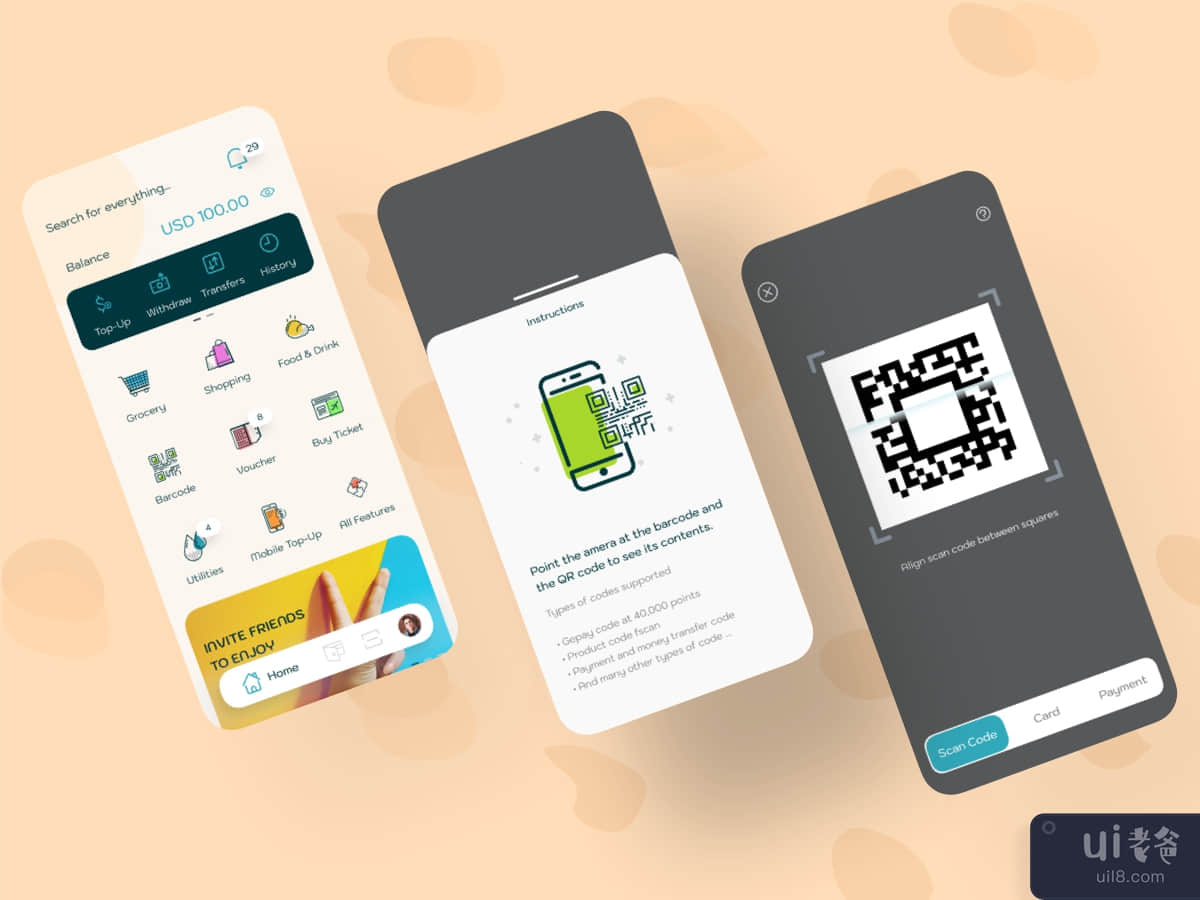 Scan Code Digital Wallet mobile UI Kit
