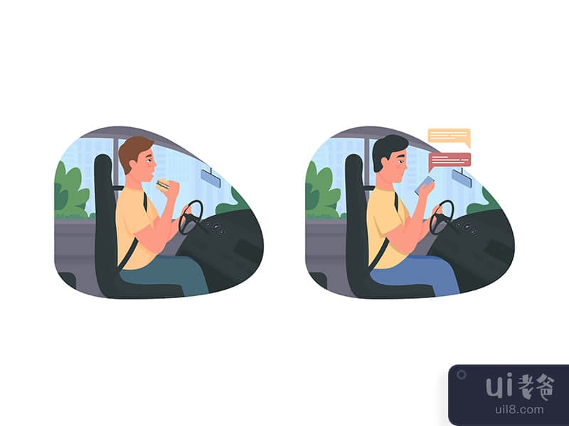 Distracted driving 2D vector web banner, poster set