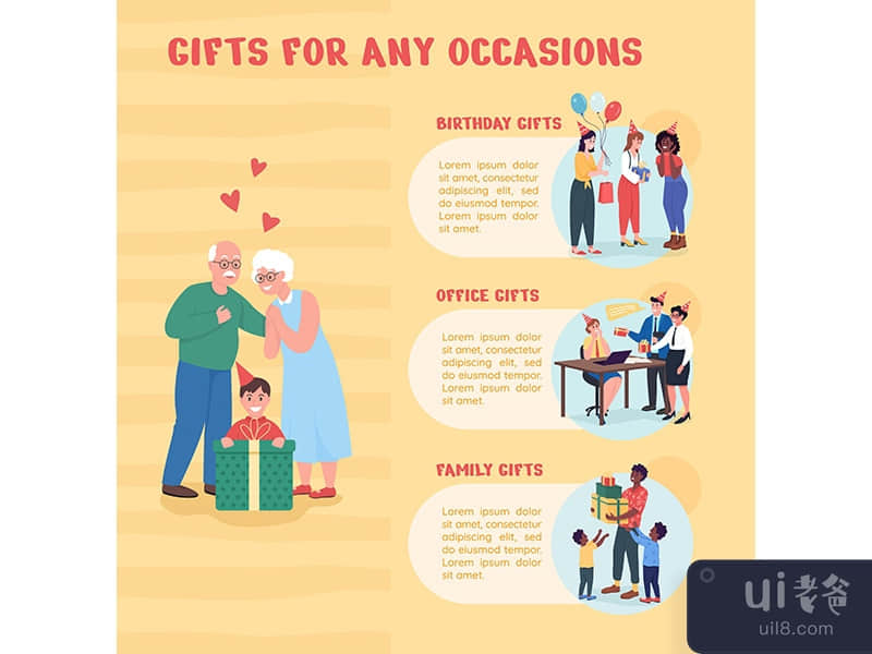 Gifts for any occasion flat color vector infographic template