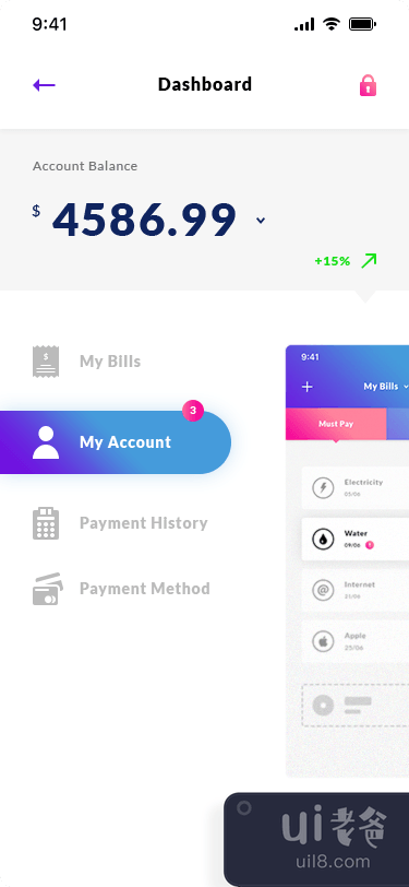 付款方式、仪表板和账单。 IOS应用(Payment Method, Dashboard & Bills. IOS App)插图1