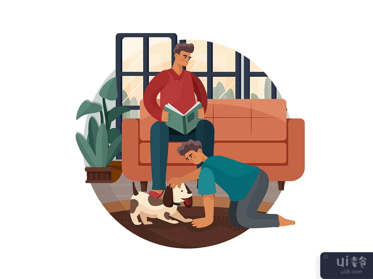 Man reading book while his kid playing with dog