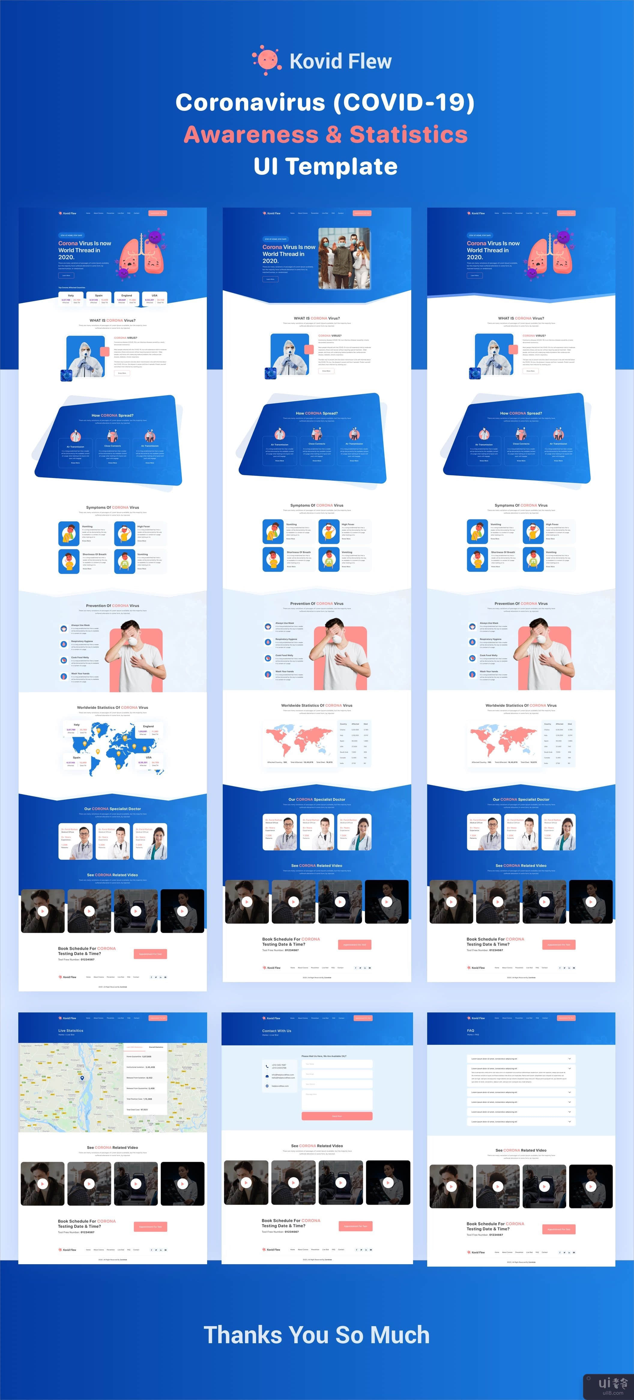 Kovid Flew - Corona(Covid-19) 意识和统计 UI 模板(Kovid Flew - Corona(Covid-19) Awareness & Statistics UI Template)插图