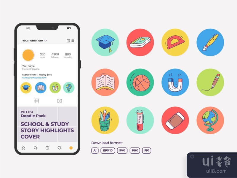School and study doodle icon for Instagram Highlight Story Cover 1-3