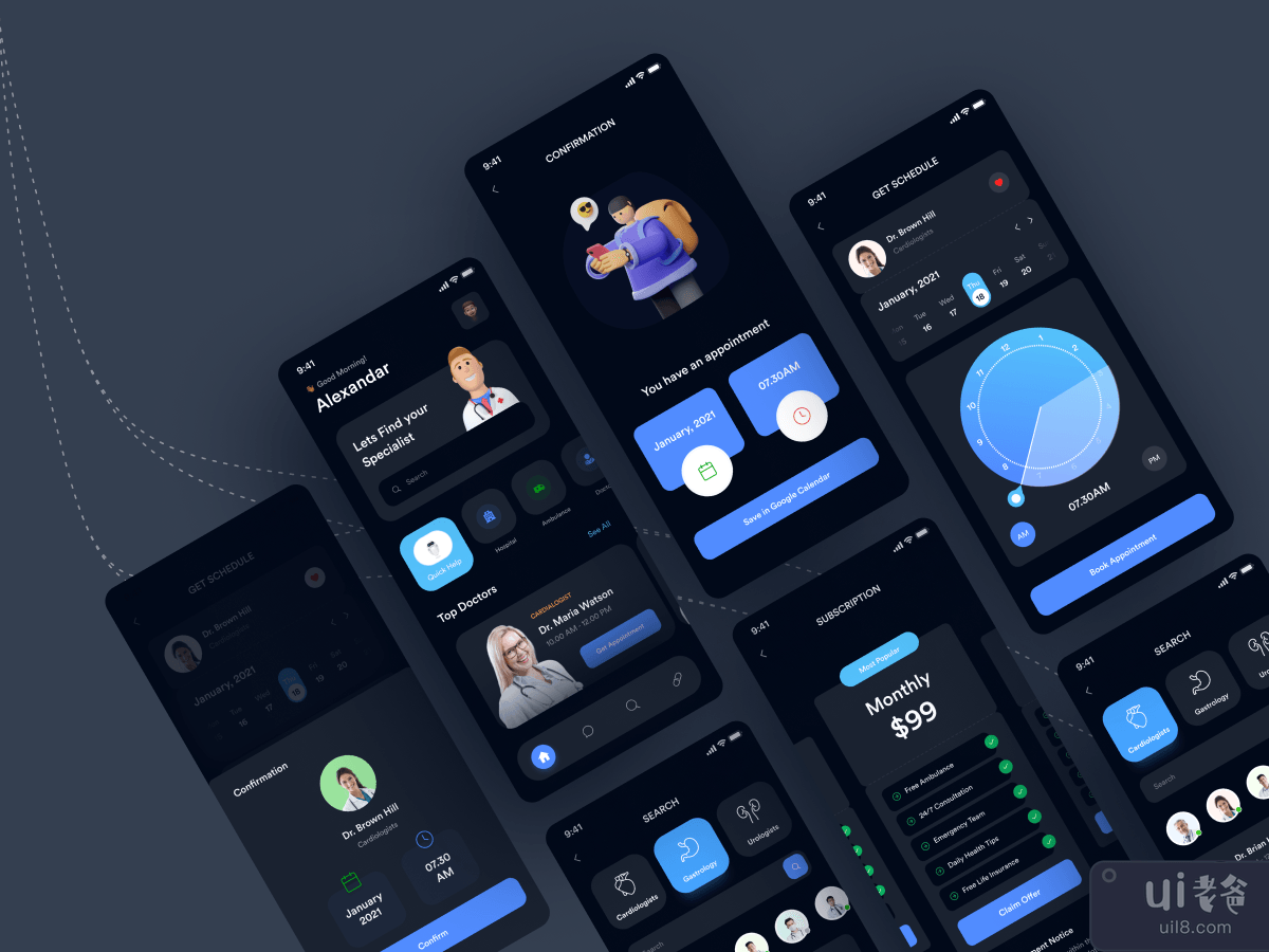 Medical Mobile App Design, Dark mode _ (V-1)