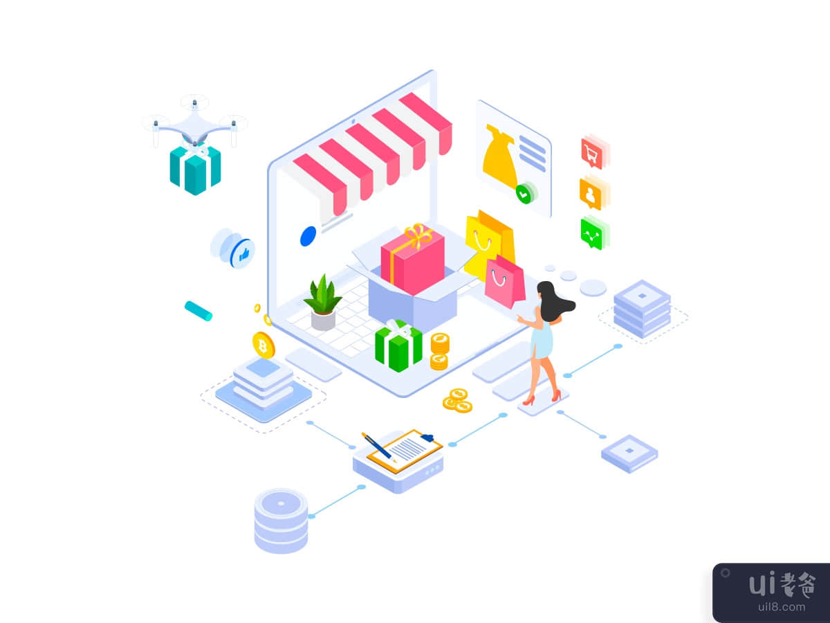 E-commerce on Blockchain Platform Isometric Illustration	
