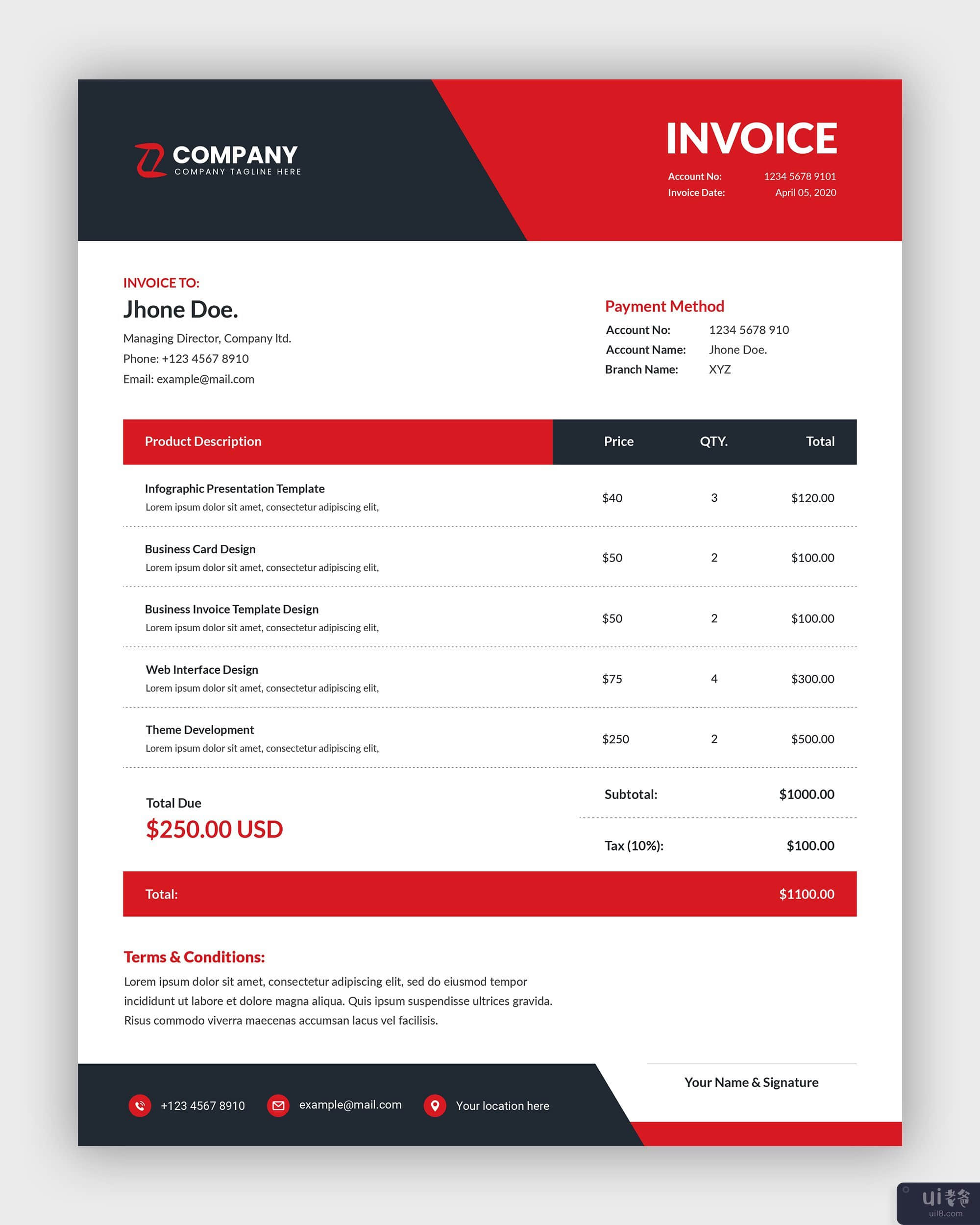 最小的商业发票模板设计(Minimal business invoice template design)插图