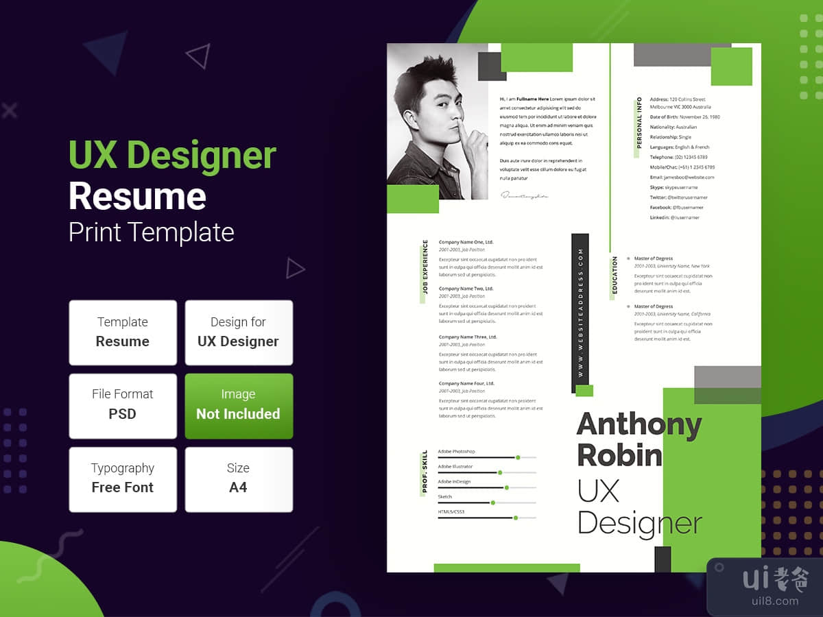 Professional uxer green & black resume PSD template