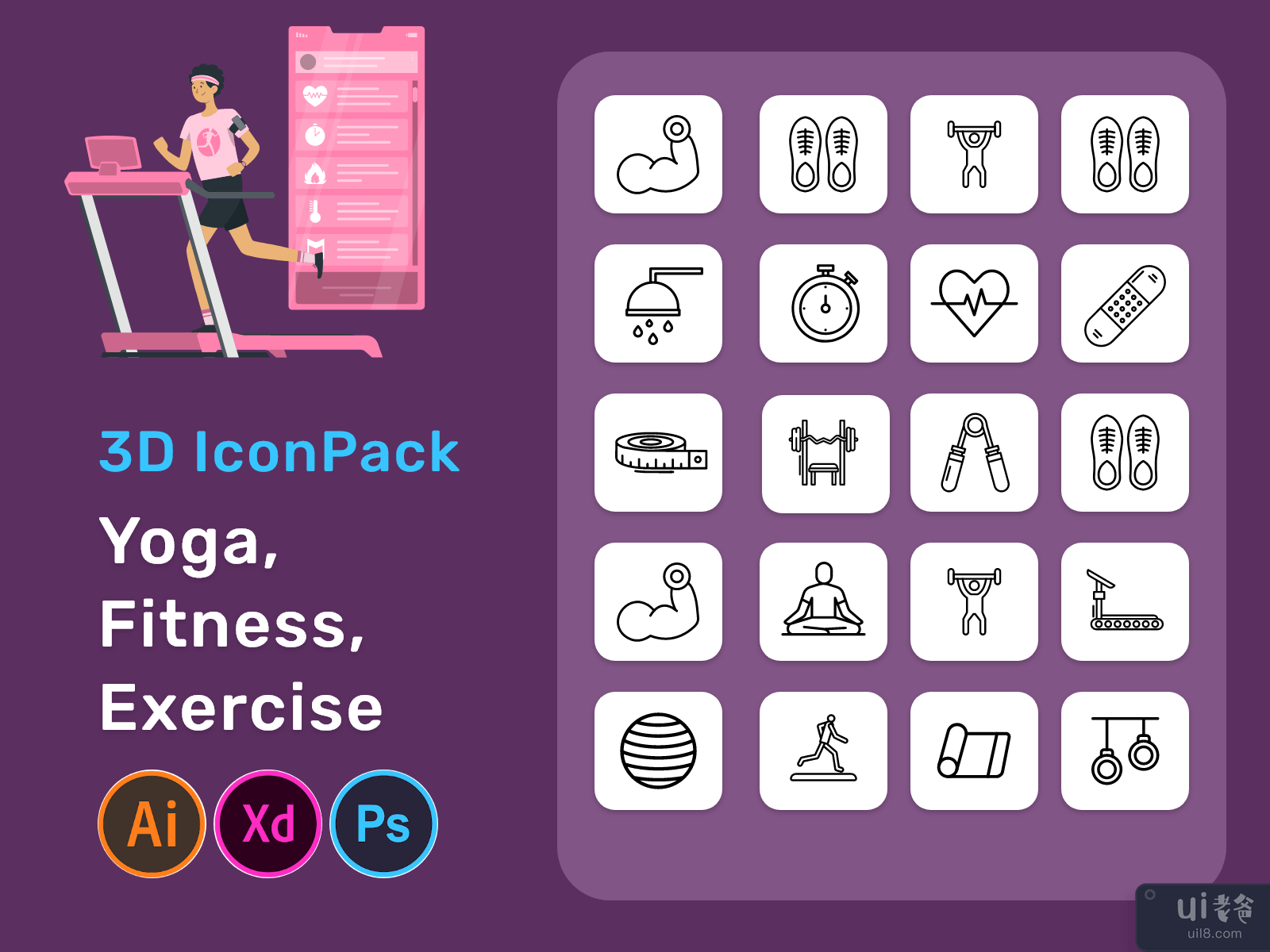 瑜伽，健身，锻炼 3D 图标包(Yoga, Fitness, Exercise 3D Icon Pack)插图
