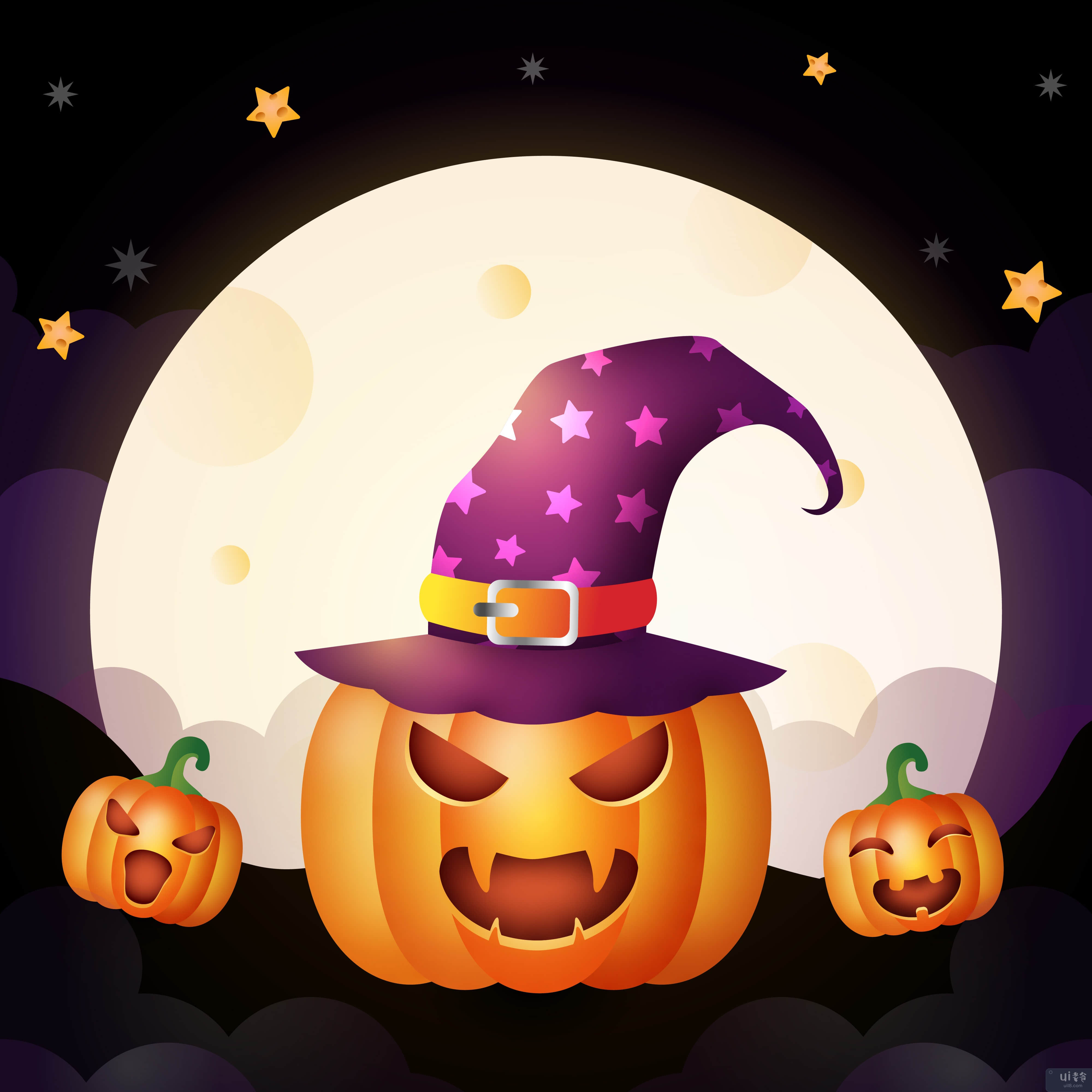 万圣节南瓜用女巫帽站在月球前的地面上(halloween pumpkin using witch hat stand on ground front the moon)插图