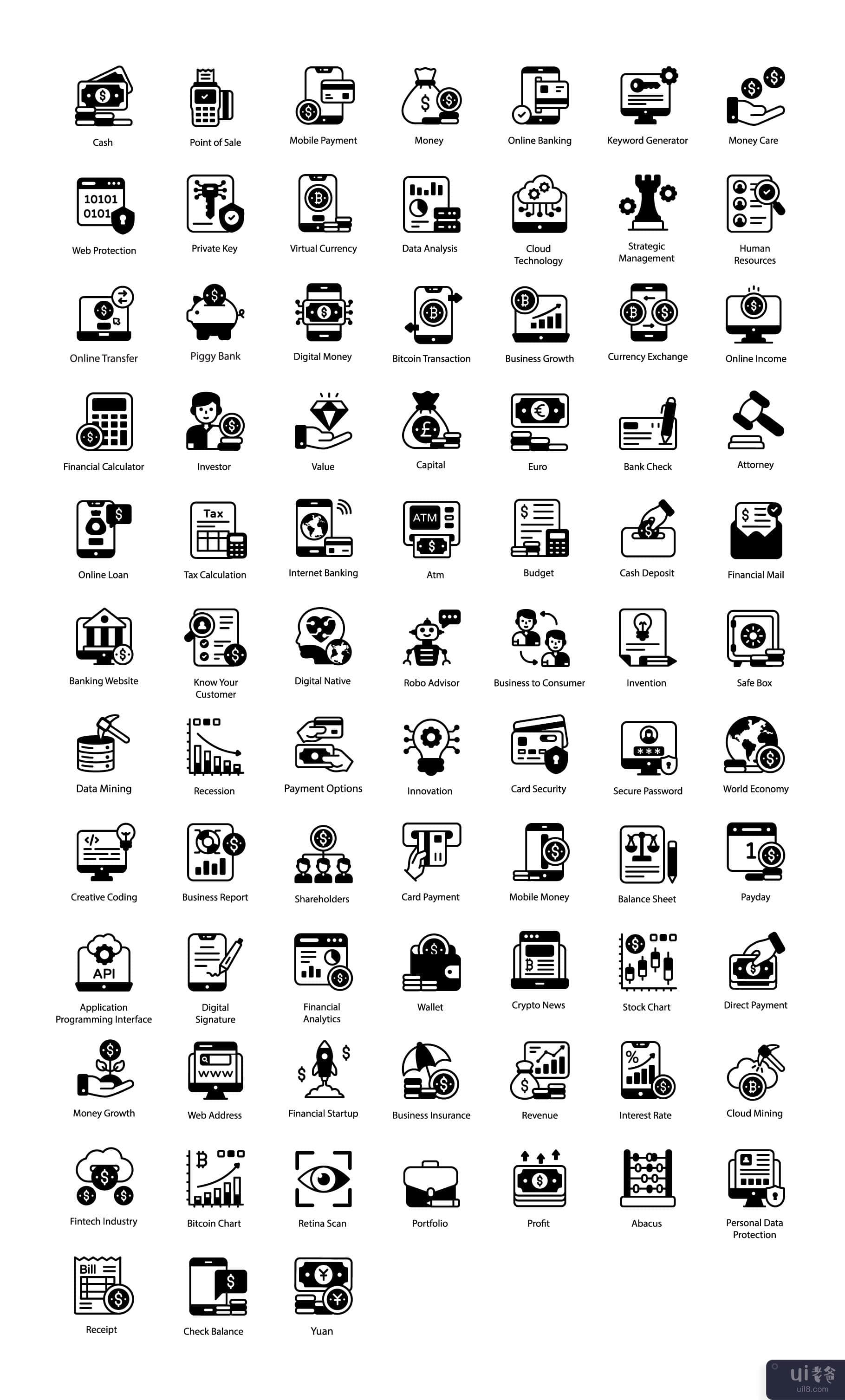 金融科技实体图标集(Set of Fintech Solid Icons)插图