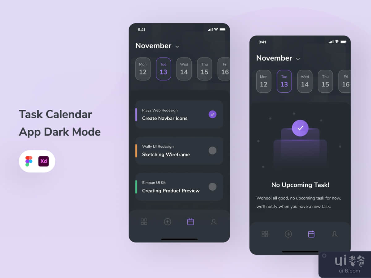 Task Calendar App UI Dark Mode