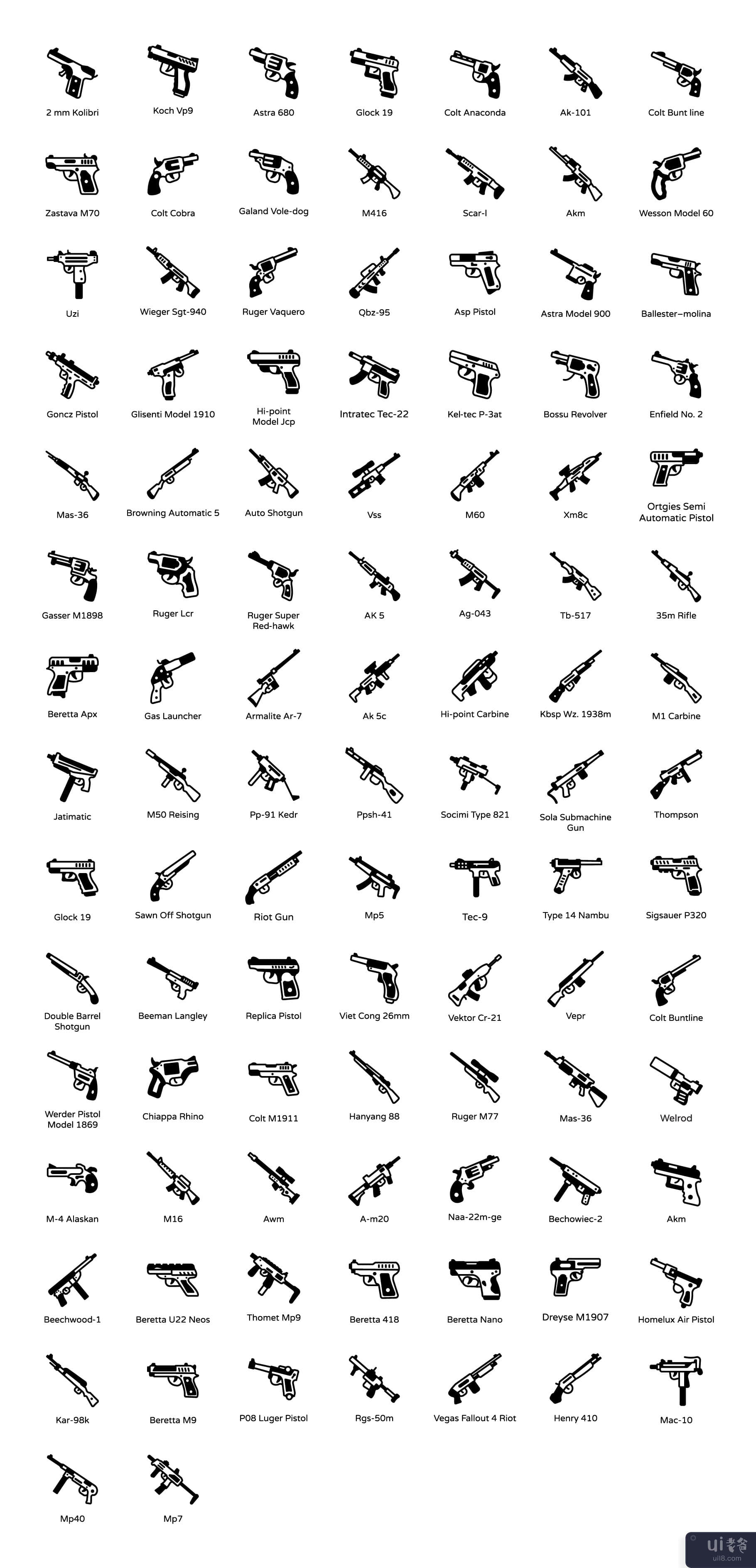 100 个独特的枪支字形线图标。(100 unique guns glyph line icons.)插图
