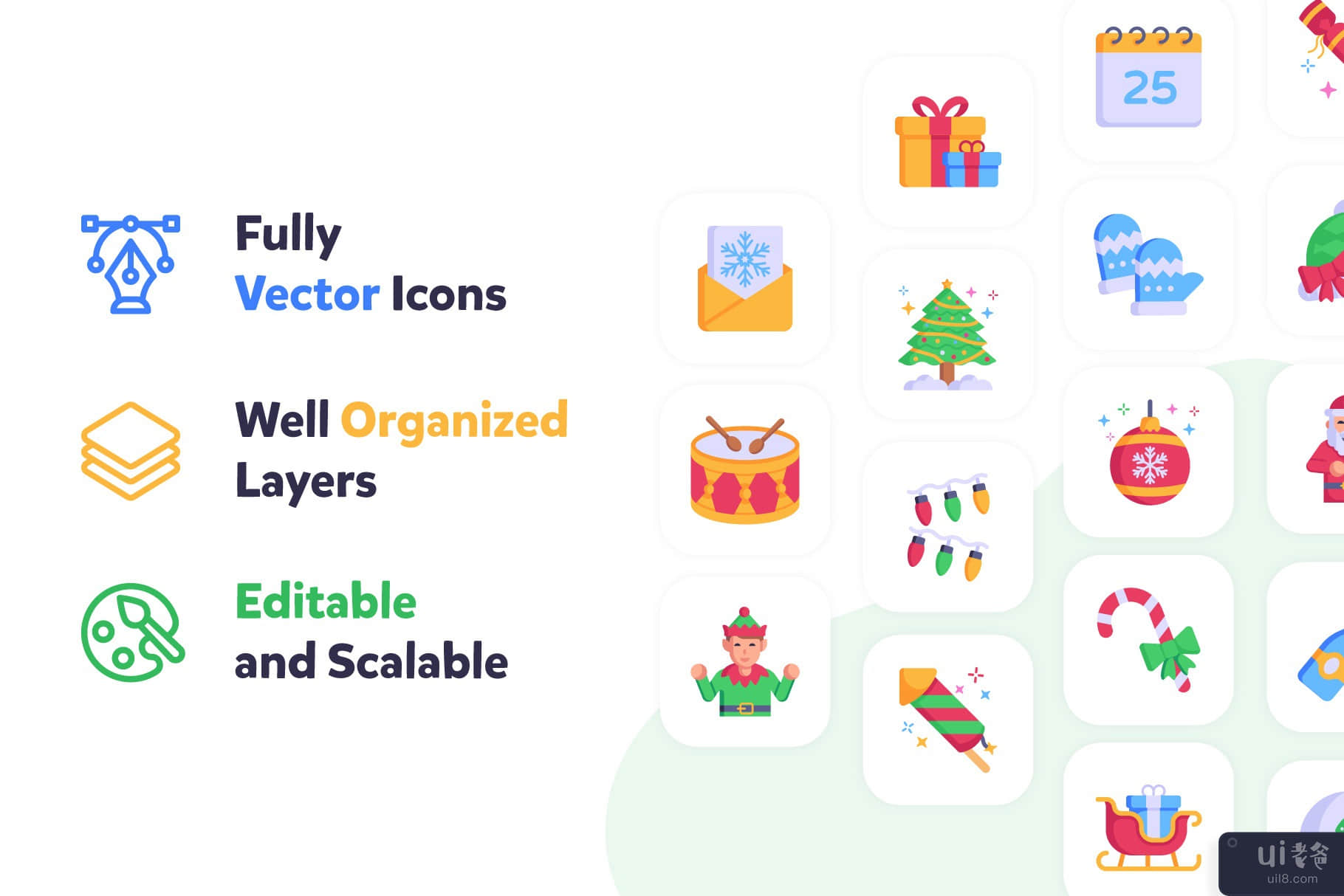100 平圣诞矢量图标包(100 Flat Christmas Vector Icons Pack)插图5
