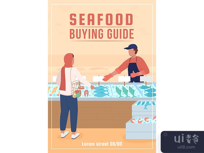 Seafood market buying guide poster flat vector template