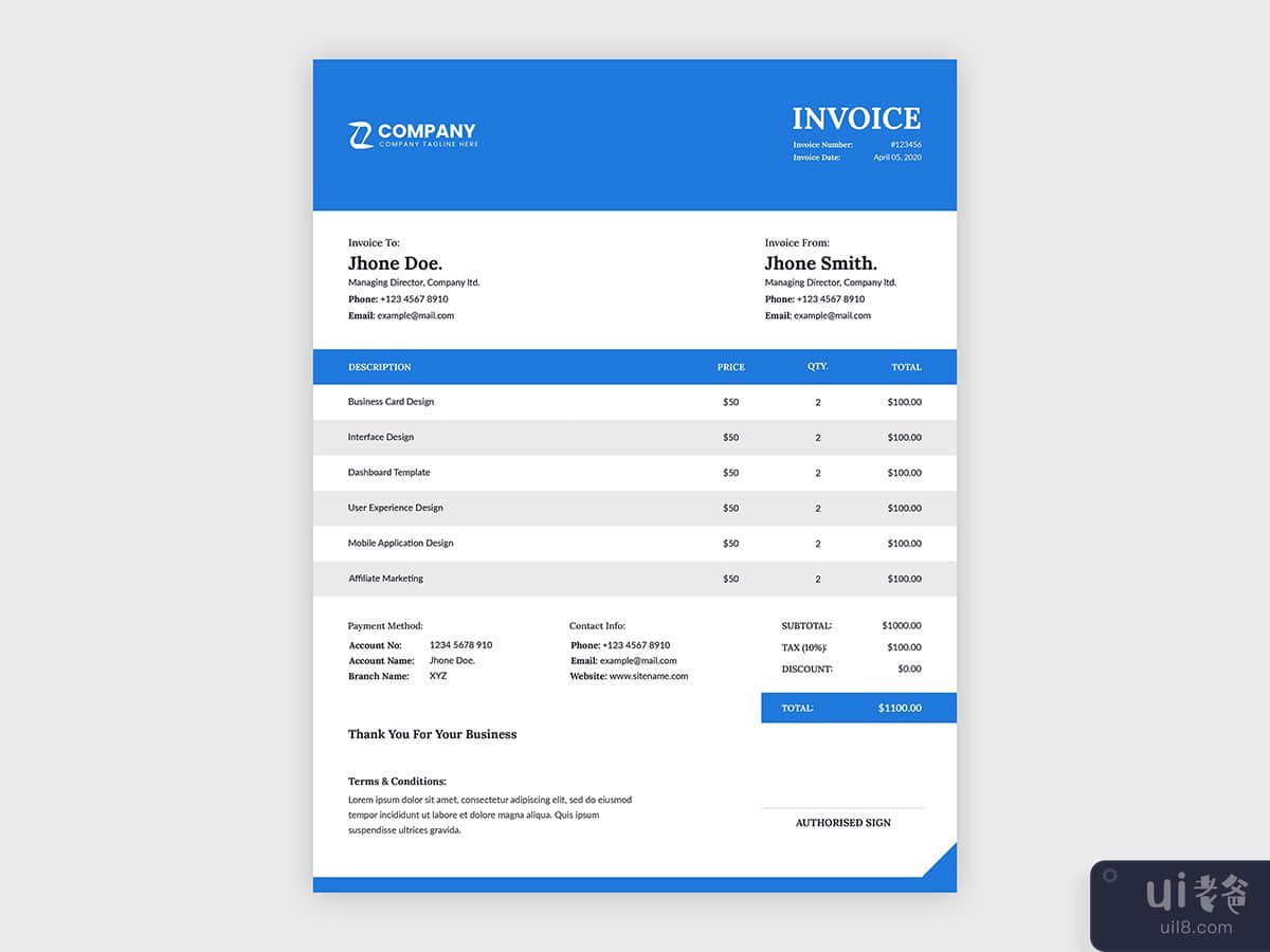 简单简约的商务发票模板设计(Simple minimalist business invoice template design)插图