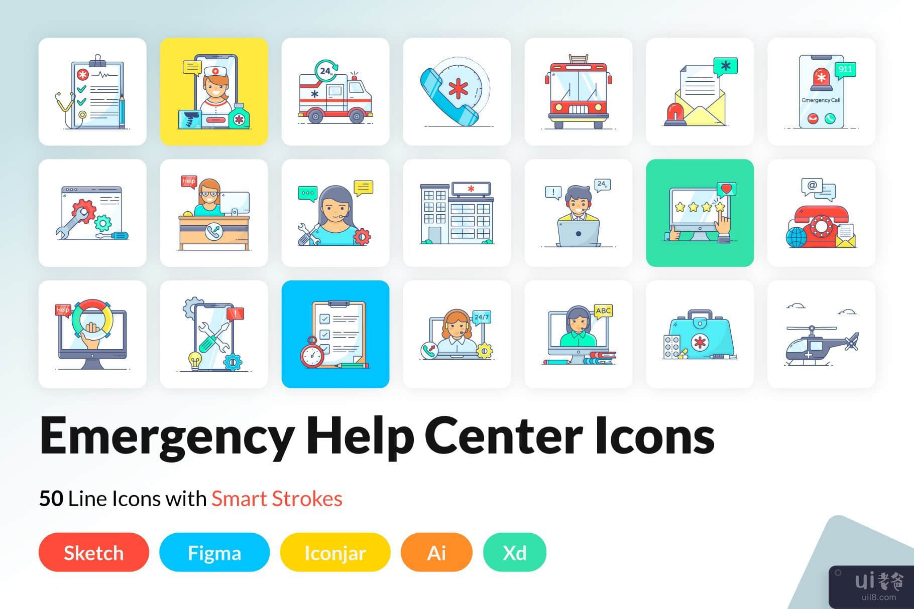 紧急帮助中心图标集(Emergency Help Center Icons Set)插图