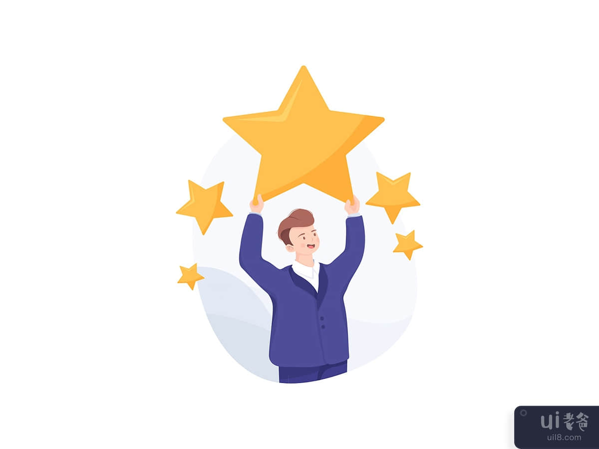 Businessman holding five gold stars for rating, quality and business concept