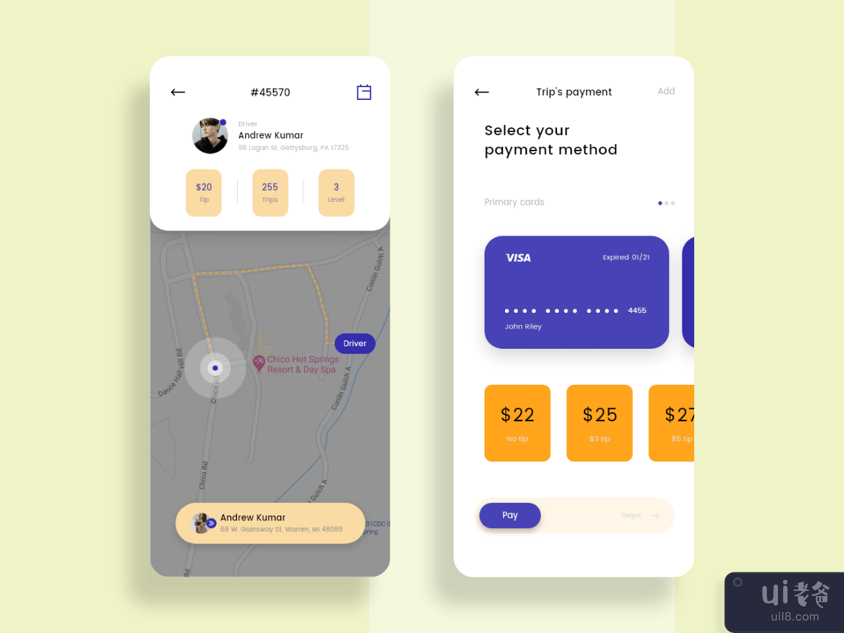 Trip's monitor and payment concept for Taxi app