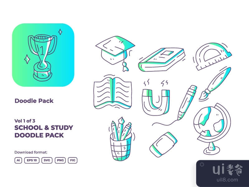 gradient color school and study doodle icon illustration set 1 of 3