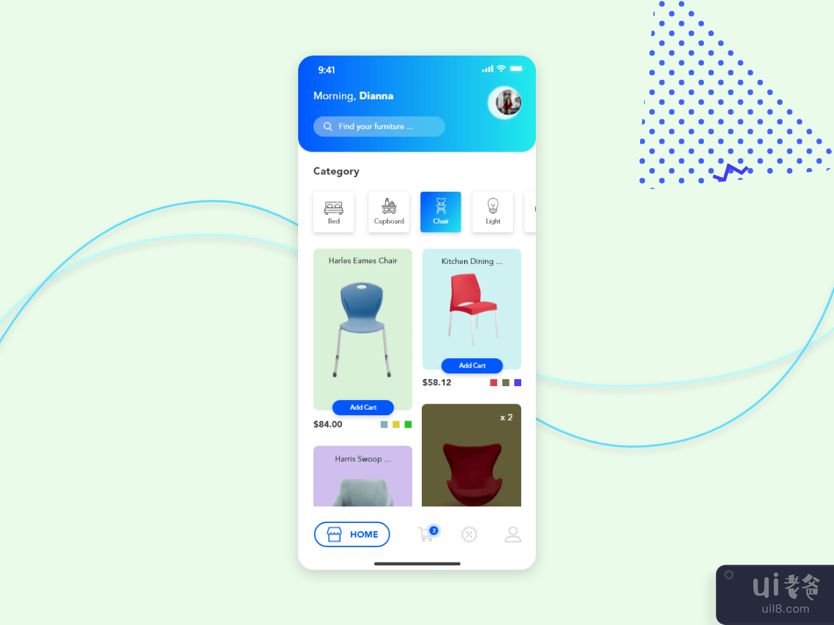 Product List concept screen for Furniture app