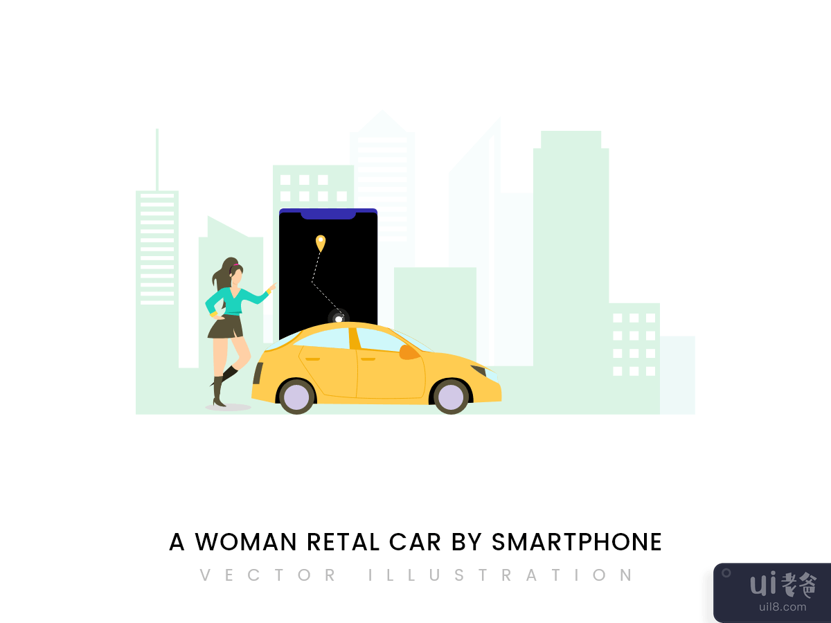 A woman rental car by smart phone illustration for landing page