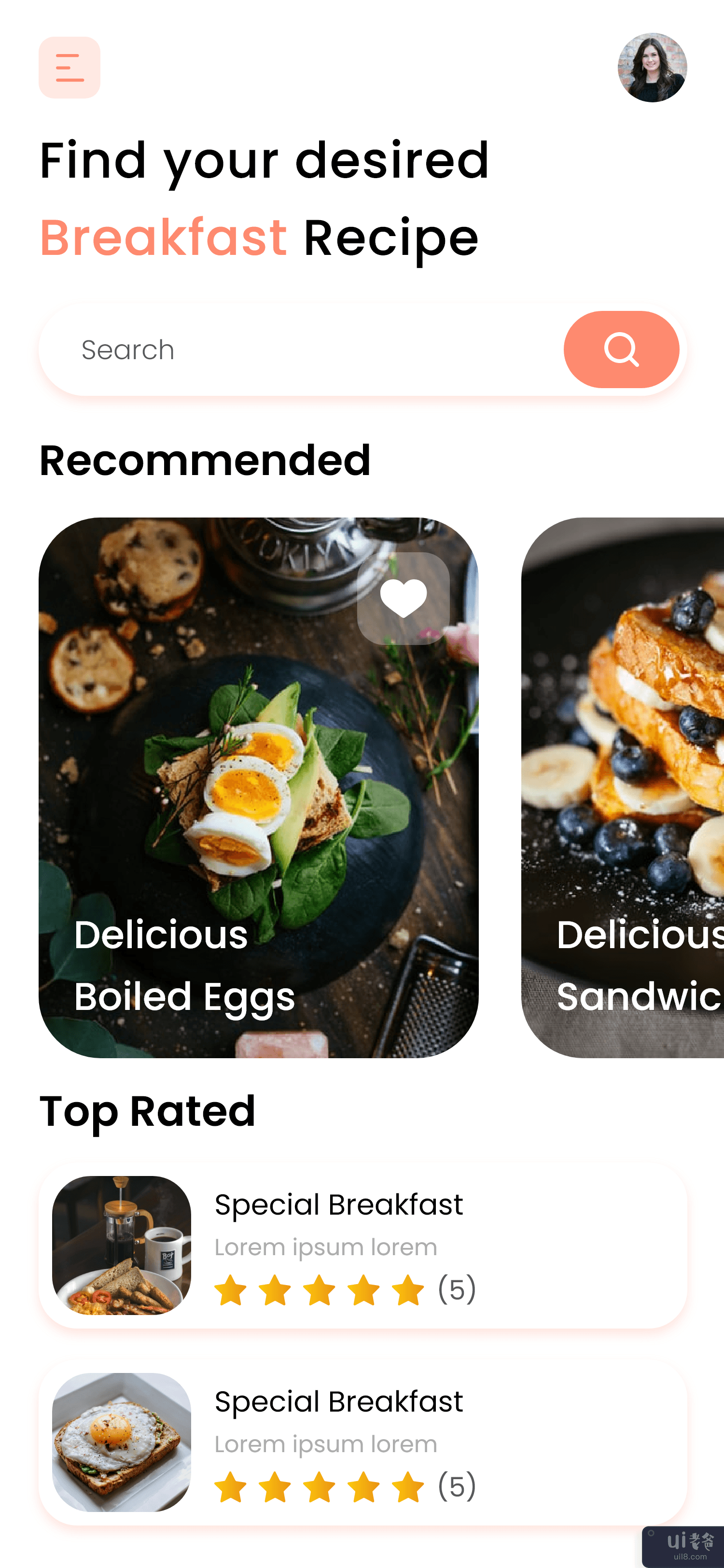 早餐食谱应用程序用户界面(Breakfast Recipes App UI)插图
