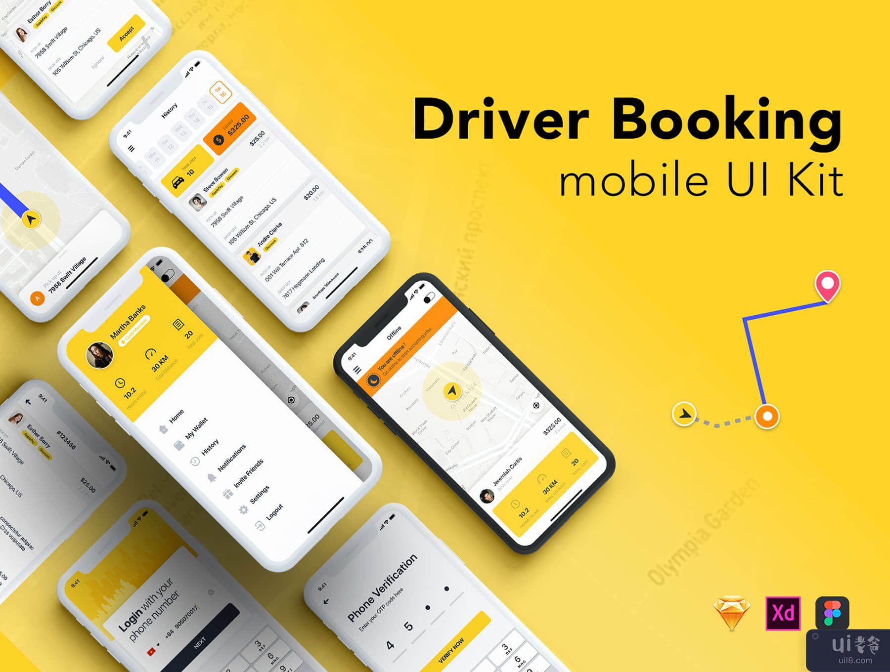 适用于 SKETCH 的出租车司机预订 UI 套件(Taxi Driver Booking UI Kit for SKETCH)插图5