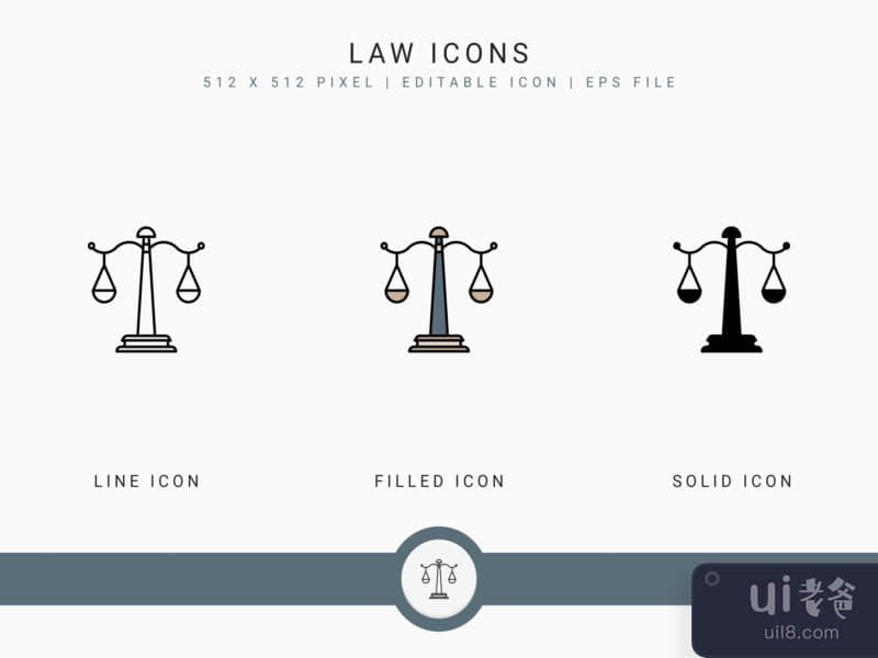 Law icons set vector illustration with solid icon line style