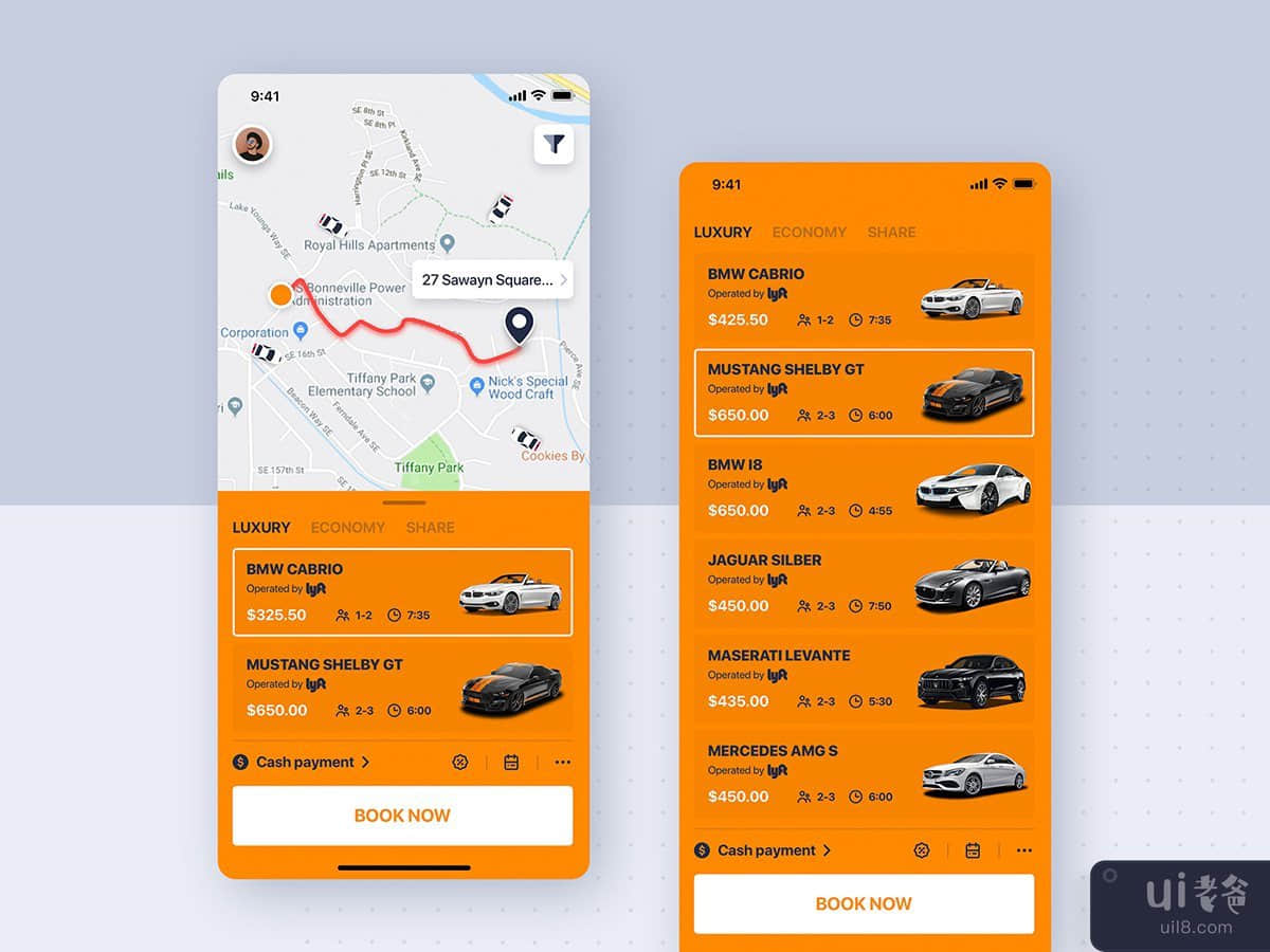 Car rental mobile UI - Listing of cars