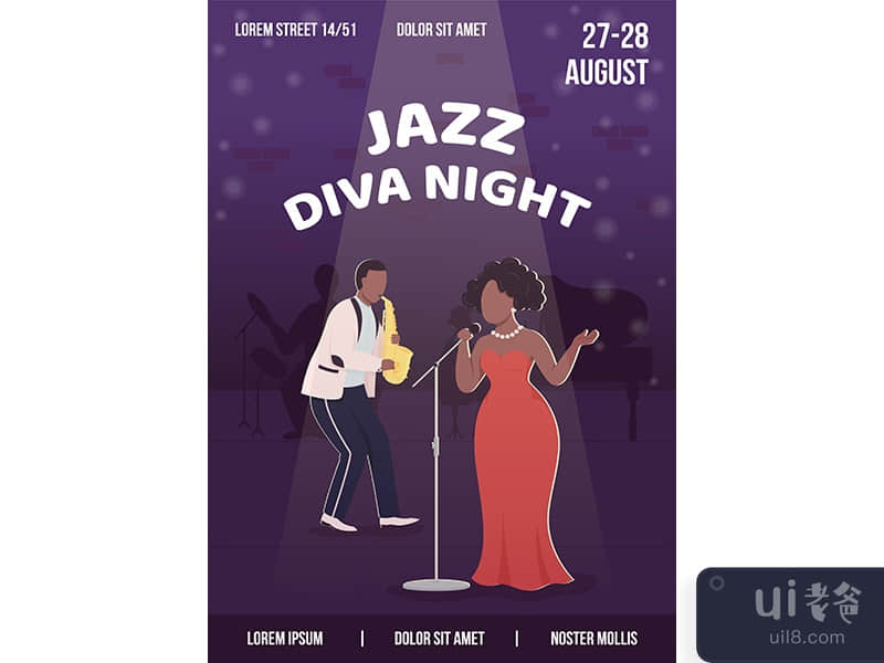 Jazz diva night poster flat vector template