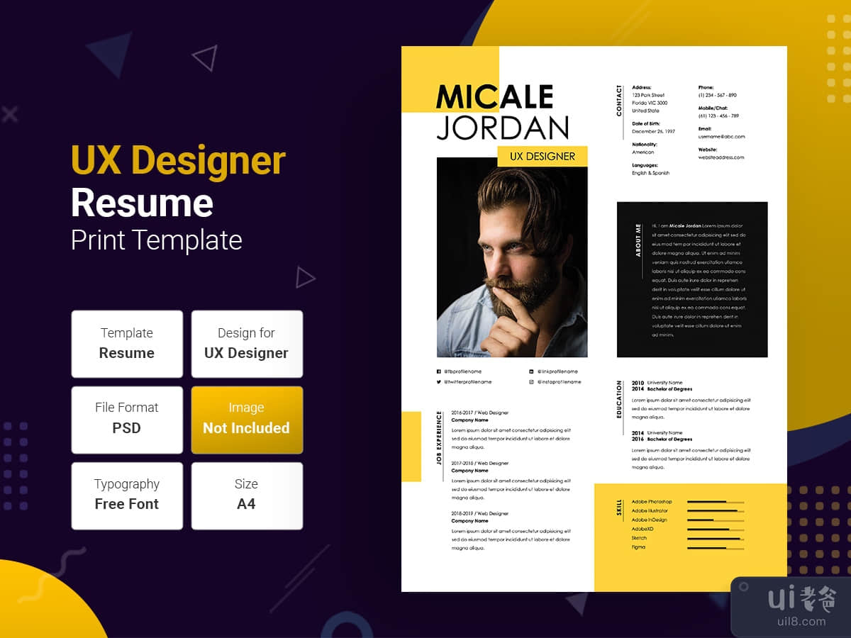 Yellow Cool Resume PSD Template