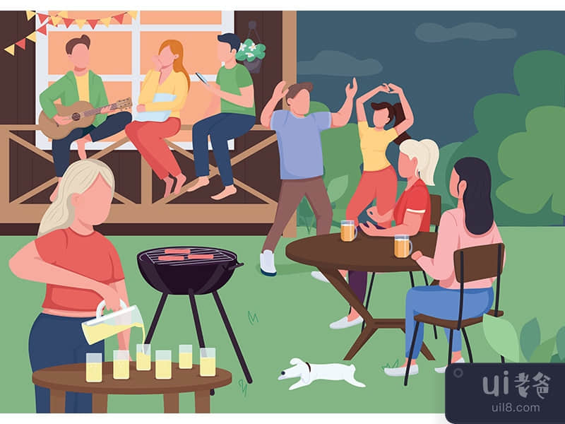 Outdoor party with friends flat color vector illustration