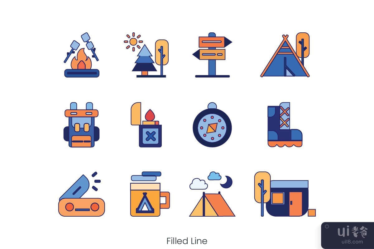 12 个具有 3 种风格的露营图标(12 Camping icons with 3 styles)插图1