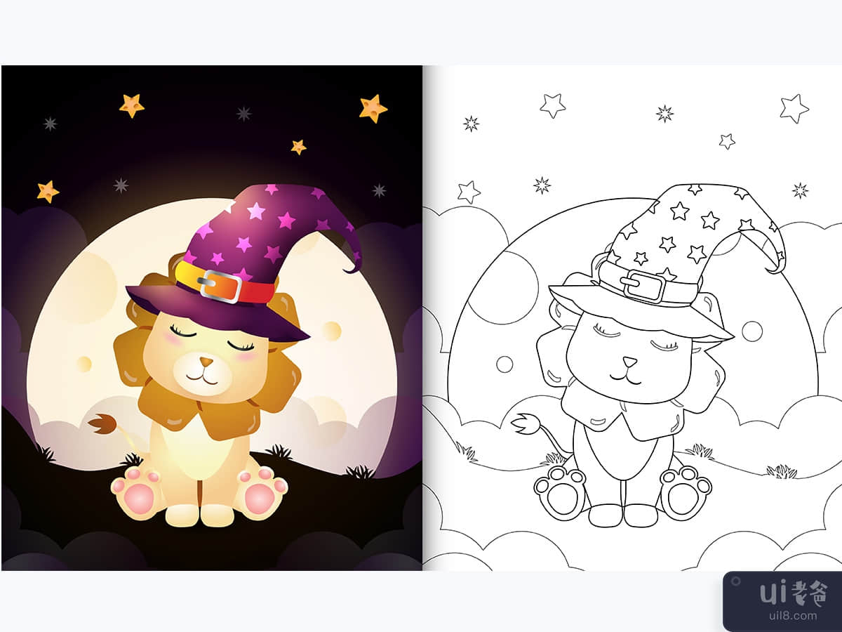 着色书与可爱的卡通万圣节女巫狮子在月亮前(coloring book with a cute cartoon halloween witch lion front the moon)插图