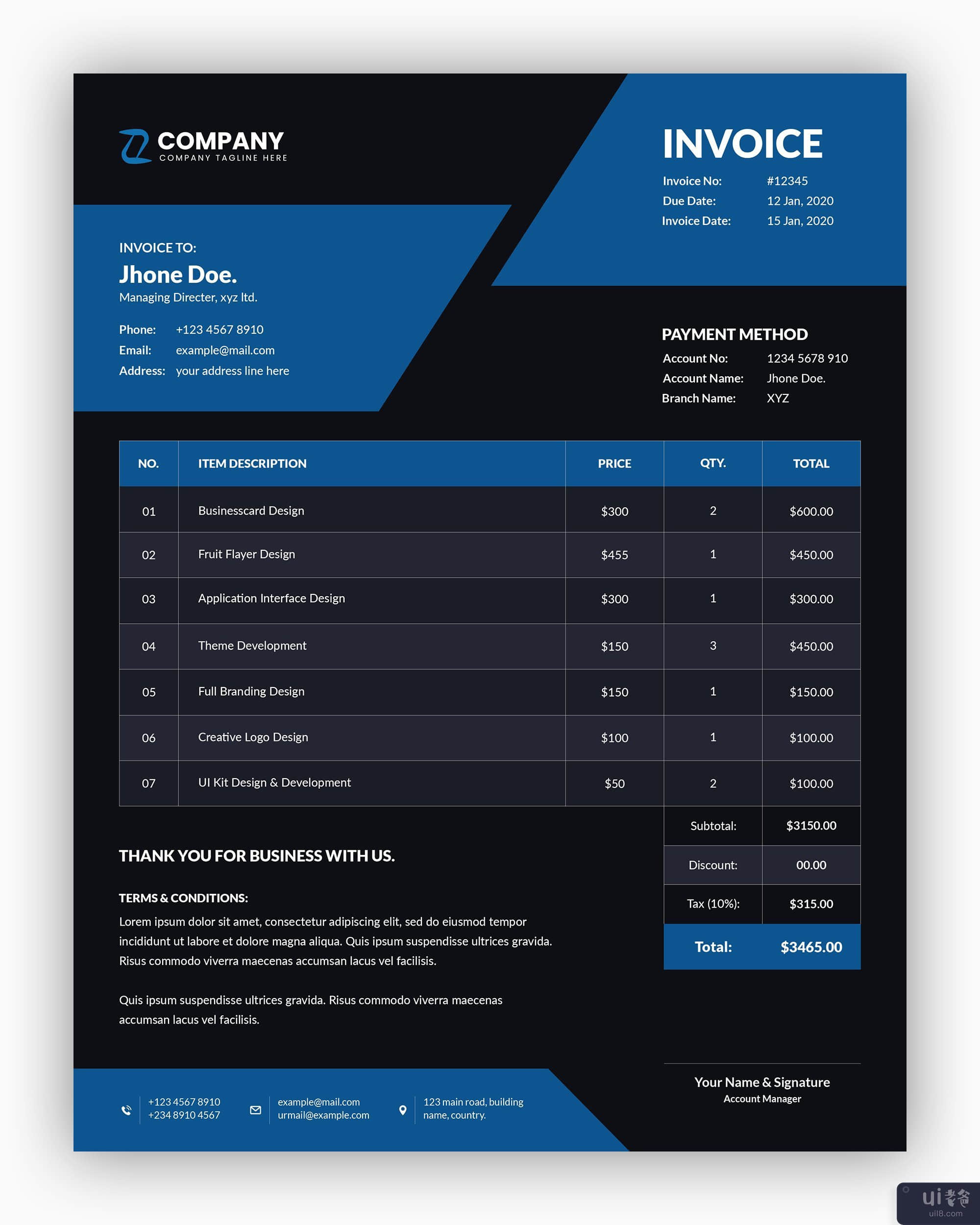 带有蓝色业务发票模板的最小抽象深色(Minimal abstract dark with blue color business invoice template)插图