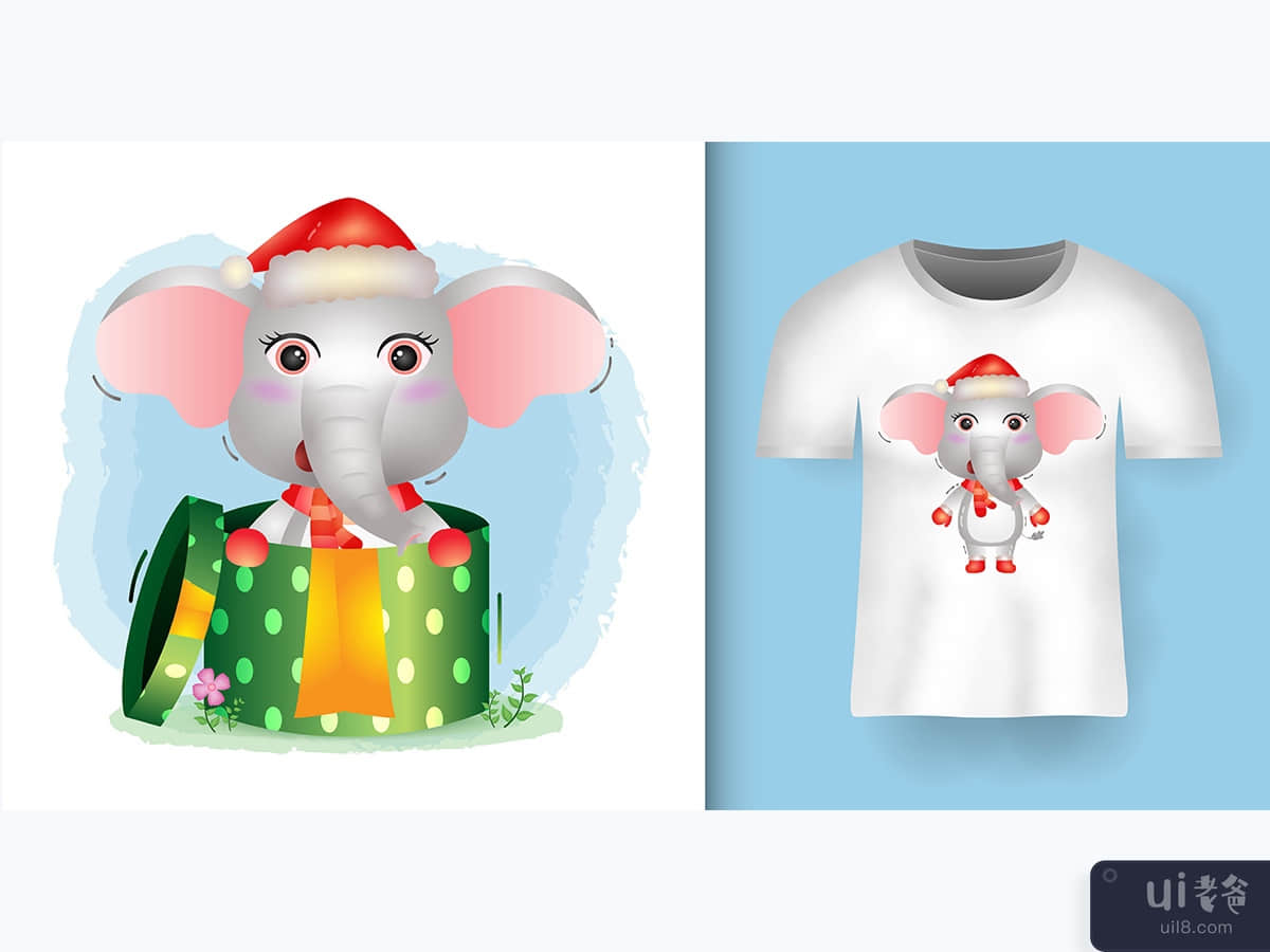大象在 T 恤设计的礼品盒中使用圣诞帽和围巾(Elephant using santa hat and scarf in the gift box with t-shirt design)插图