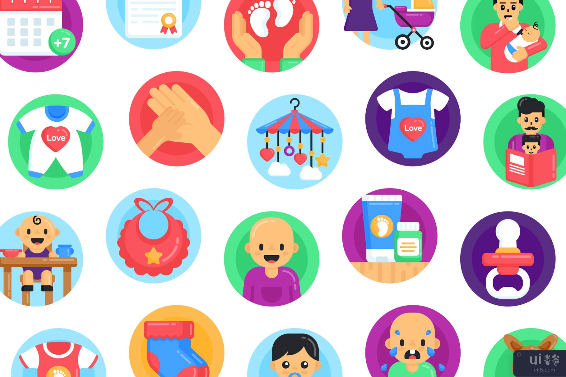 婴儿护理图标-50 个圆形矢量图标(Baby Care Icons - 50 Round Vector Icons)插图2