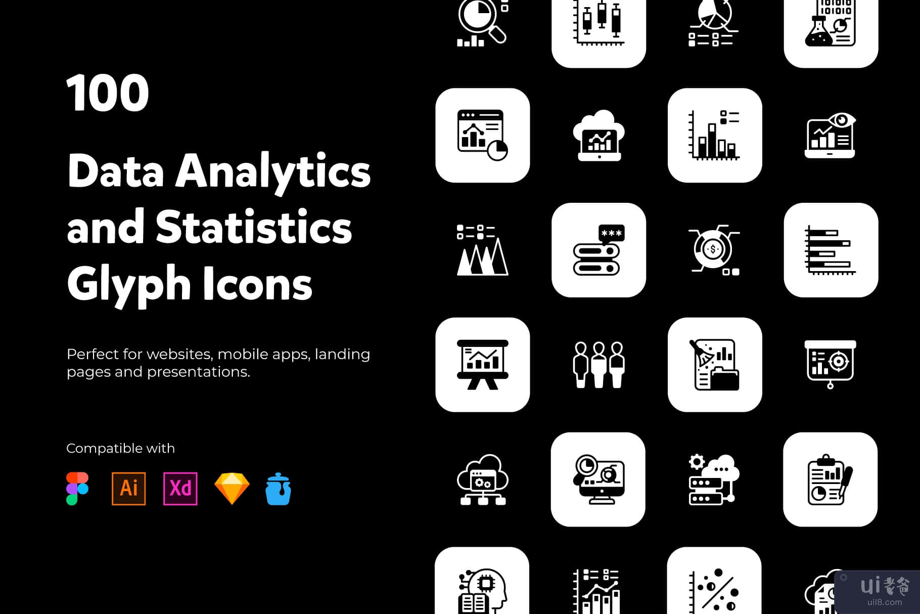 数据分析和统计实体图标集(Data Analytics and Statistics Solid Icons Set)插图