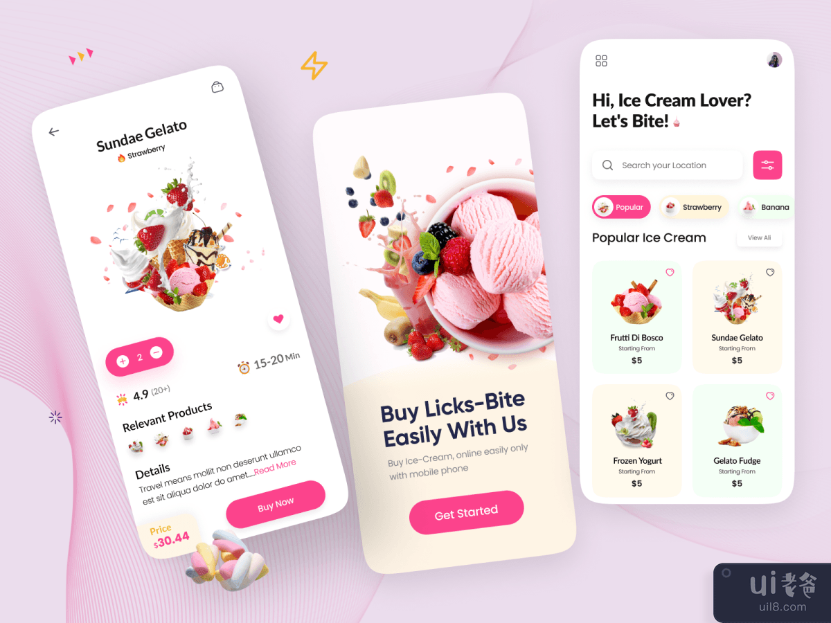 Licks - Ice Cream Store App UI Design | Ice cream mobile app ui