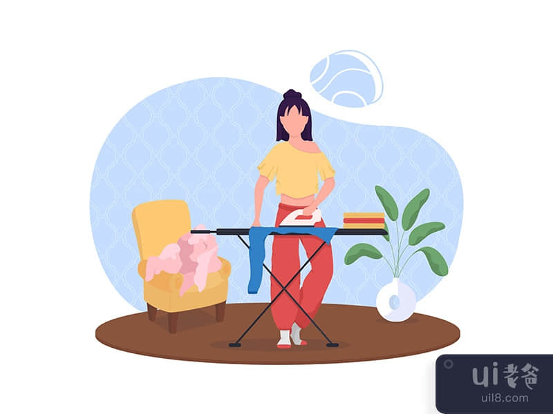 Woman ironing clothes flat color vector faceless character