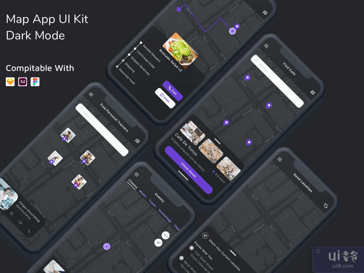 Map App UI Kit Dark Mode