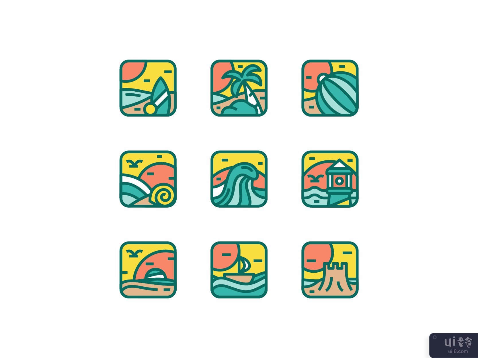 海滩度假图标集(Beach holiday icon set)插图